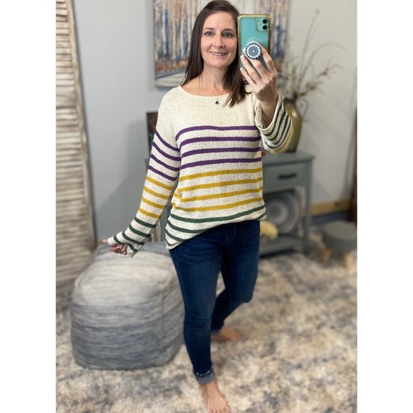 🎭Mardi Gras Wide Neck Loose Striped Sweater Shirt Purple Green & Gold 0123 - Picture 3 of 8